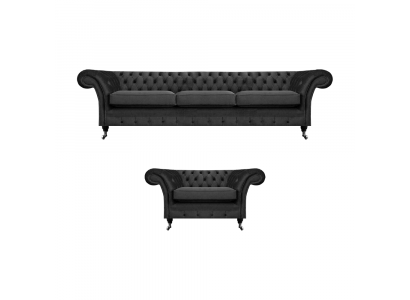 Wohnzimmer Polstermöbel Schwarz Dreisitze Sofa 3+1 Sessel Chesterfield