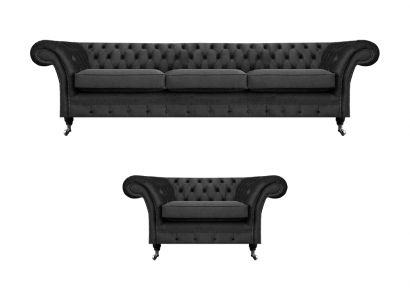 Wohnzimmer Polstermöbel Schwarz Dreisitze Sofa 3+1 Sessel Chesterfield