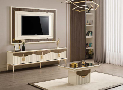 Wohnwand TV Ständer Wandpanel Couchtisch RTV Lowboard Gold 3tlg Beige