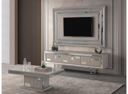 Luxus Wohnwand TV Ständer Wandpanel Couchtisch RTV Lowboard 3tlg Weiß