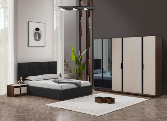 Garnitur Schlafzimmer Doppelbett Bett Nachttische Schrank Grau 4tlg
