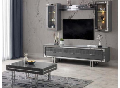 Wohnwand TV Ständer Schranke Couchtisch RTV Lowboard Grau Set 3tlg