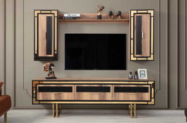 Garnitur Wohnwand TV Ständer Schranke RTV Lowboard Braun Wohnzimmer