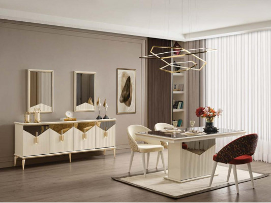 Esszimmertisch Esstisch Tisch Esszimmer Essecke Beige Holz Gold Luxus