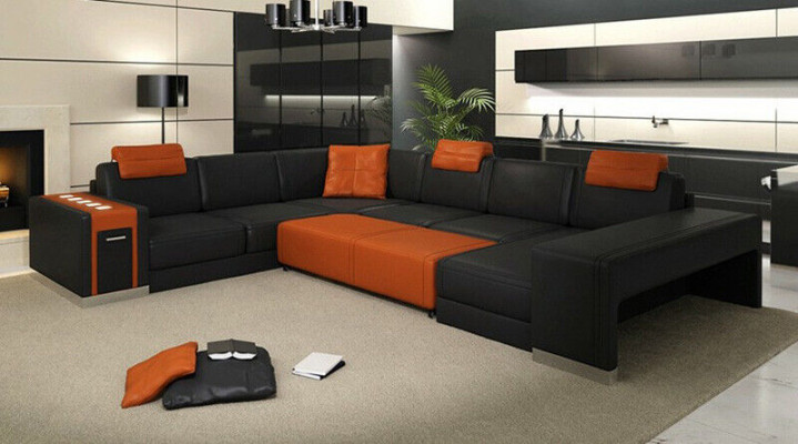 Ecksofa Sofa Wohnlandschaft U Form Polster Couch Ledersofa Hocker