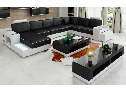 Ecksofa U-Form Sideboard Couchtisch Couch Design Schwarz Polster Leder Modern