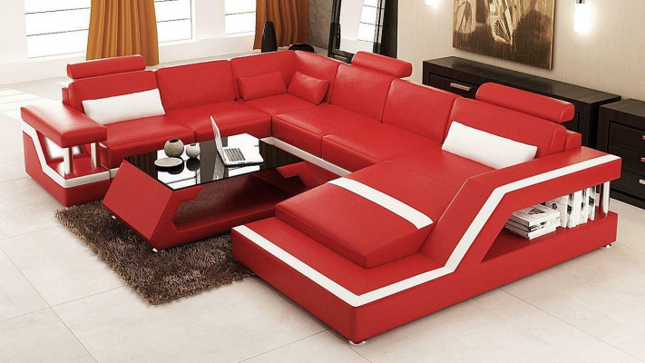 Rote Ecksofa Ledersofa Big XXL U Form Wohnlandschaft Sofa Couch