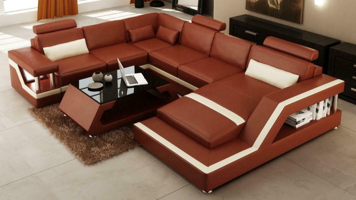 Rote Ecksofa Ledersofa Big XXL U Form Wohnlandschaft Sofa Couch