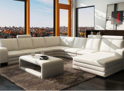 Ecksofa U-Form + 2x Hocker + Couchtisch Couch Design Grau Polster Leder