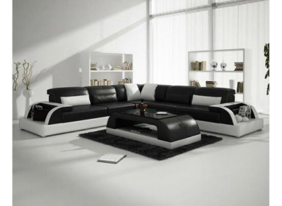 Ecksofa L-Form + Couchtisch Sofa Couch Design Grau Polster Leder