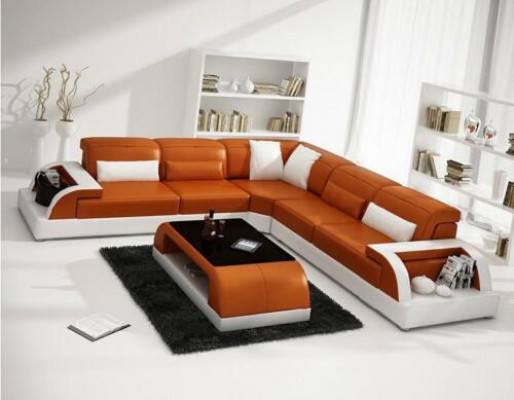 Ecksofa L-Form + Couchtisch Sofa Couch Design Grau Polster Leder