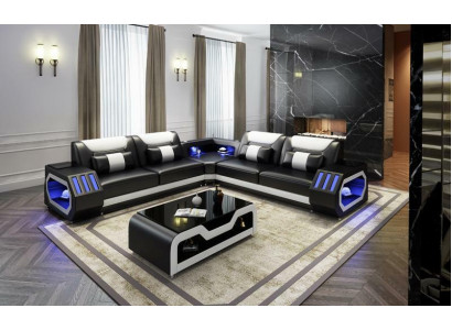 LED Beleuchtete Ecksofa Wohnzimmer Leder Couch Sitz Polster Wohnlandschaft Sofa