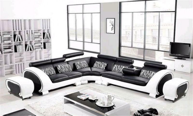 Ecksofa L-Form 2x Hocker Sofa Couch Design Grau Polster Leder Moderne