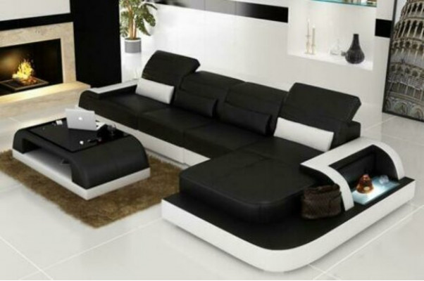 Wohnlandschaft Ecksofa Ledersofa Eck Couch Sofa mit Regal Polster Led