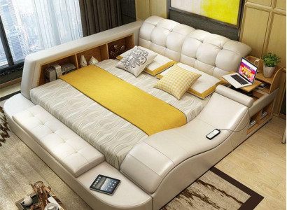 Luxus Funktions Bett mit Tresor Laptop Ablage Doppel Ehe Betten xxl Hotel Leder