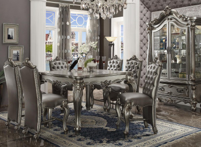 Klassische Graue Esszimmerambiente Designer Quadratischer Esstisch Leder Chesterfield Stühle 7tlg.