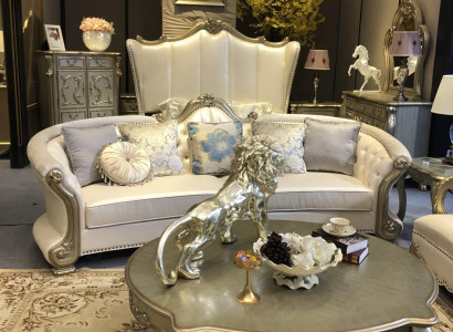 Rund Sofa Holz geschnitzte Viersitzer Couch Leder Chesterfield Wohn