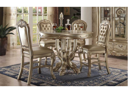 Klassischer Goldener Rund Esstisch Tisch Esszimmer Chesterfield x4 Stühle 5tlg. Garnitur 