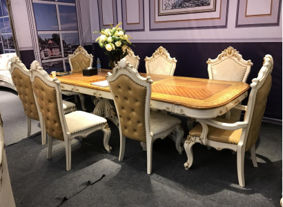 Weiß-Braune Esszimmergarnitur Großer Esstisch mit Lederstühlen