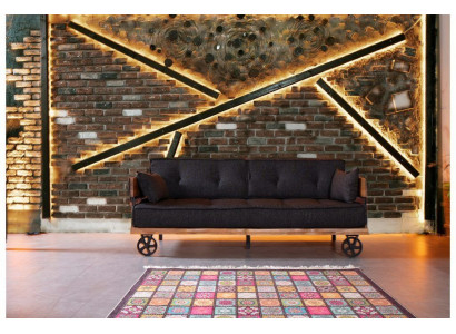 Schwarze Stoff Couch auf Rädern Loft Design mit Holz Korpus Sofa Möbel 
