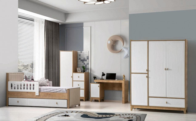 Komplett Kinderzimmer Set Bett 2x Kleiderschrank tisch Helles 4tlg Neu