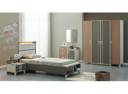 Moderne Komplette Kindermöbel Kinderbett Grau Holz Set 5tlg Nachttisch