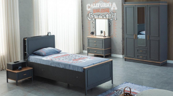Kinderbett Kinderzimmer Kindermöbel Garnitur Bett Grau Holz Set 5tlg