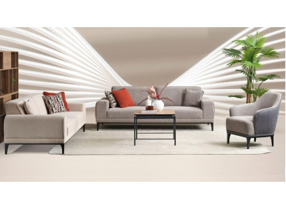 Garnitur Dreisitzer Zweisitzer Sessel Sofa Stoff Grau Stoffsofa Set 3+2+1