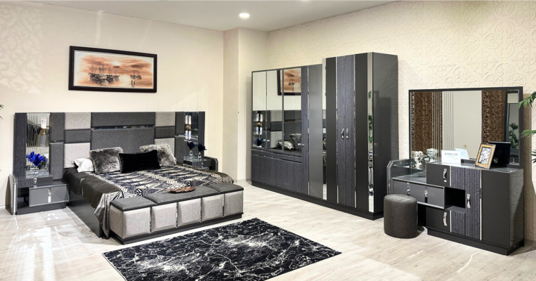 Luxus Grau Komplettes Schlafzimmer Doppelbett 2x Nachttische Kleiderschrank