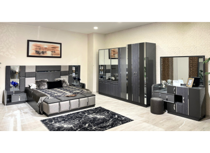 Luxus Grau Komplettes Schlafzimmer Doppelbett 2x Nachttische Kleiderschrank