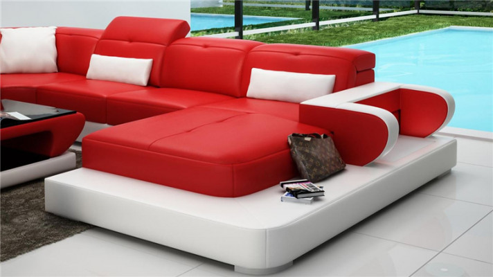 Ecksofa Sofagarnitur Leder Sofa Ecke Polster Hocker Set Rote Designer Couch Neu