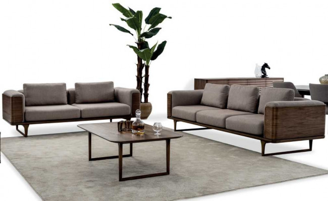 Designen Wohnzimmer Set  2x Sofas mit Couchtisch Luxus Holz mit Textil