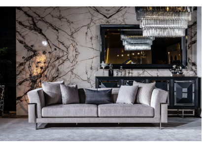 Sofa 3 Sitzer Couch Polster Sofas Wohnzimmer Stoff Grau Wohnlandschaft