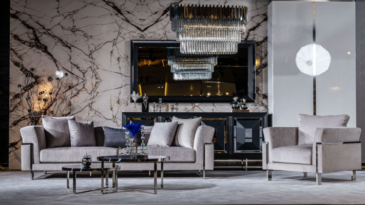 Sofa 3 Sitzer Couch Polster Sofas Wohnzimmer Stoff Grau Wohnlandschaft