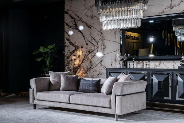 Sofa 3 Sitzer Couch Polster Sofas Wohnzimmer Stoff Grau Wohnlandschaft