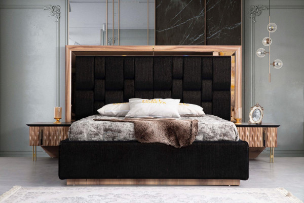 Stilvolles Schlafzimmer-Set in Beige und Braun mit luxuriösem Bett + 2 Nachttischen und Frisiertisch