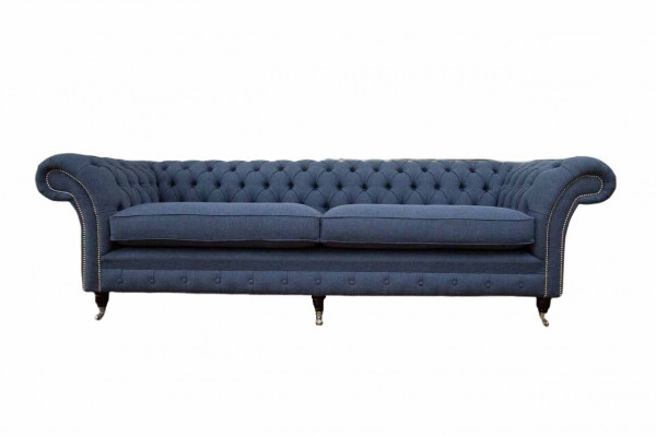 Design Chesterfield Sofa 4 Sitzer Stoff Couch Blau Polster Wohnzimmer 