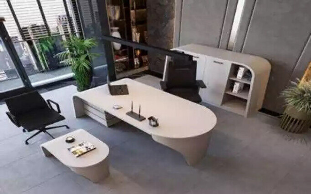 Weißes Büro Set Chef Schreibtisch Oval Couchtisch Aktenschrank Regal 3tlg.
