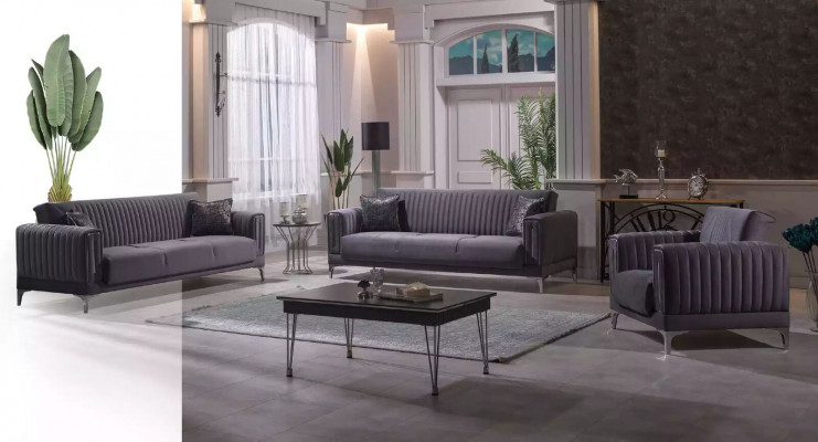 Grauer Dreisitzer Wohnzimmer Couchen 3-Sitzer Samtsofas Luxus Holz Möbel Sofa