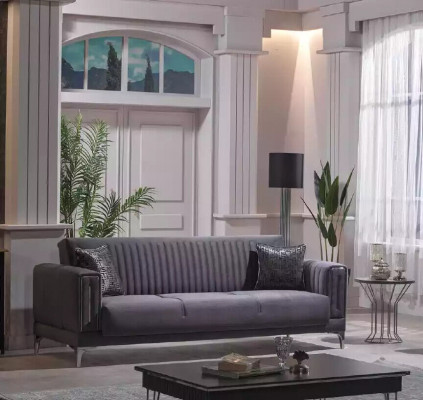 Grauer Dreisitzer Wohnzimmer Couchen 3-Sitzer Samtsofas Luxus Holz Möbel Sofa