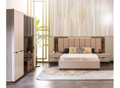 Luxus Doppelbett Garnitur Schlafzimmer Nachttische 4tlg Beige Schrank