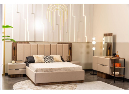 Schlafzimmer Garnitur Doppelbett Nachttische Beige Stoff 4tlg Schmink