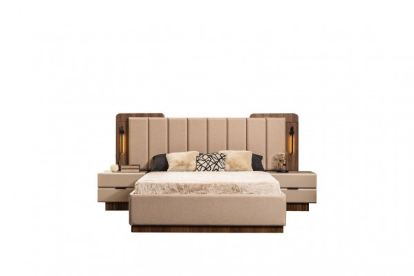 Schlafzimmer Garnitur Doppelbett Nachttische Beige Stoff 4tlg Schmink