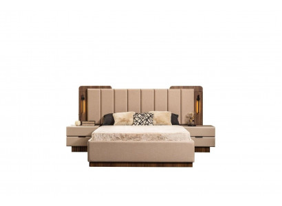 Komplette Schlafzimmer Doppelbett Bett Nachttische Beige Stoff 3tlg