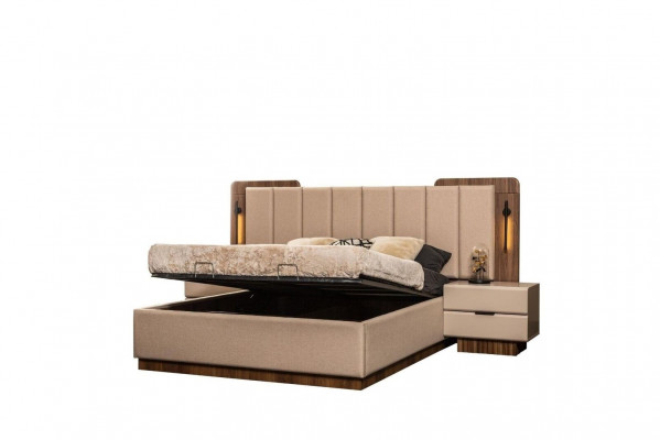 Komplette Schlafzimmer Doppelbett Bett Nachttische Beige Stoff 3tlg