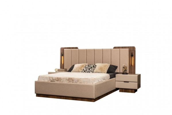Komplette Schlafzimmer Doppelbett Bett Nachttische Beige Stoff 3tlg