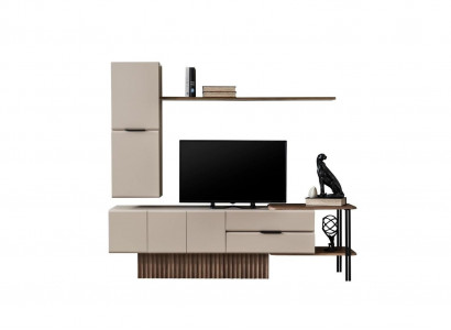 Wohnwand TV Ständer Wandschrank RTV Lowboard Beige Holz Regale