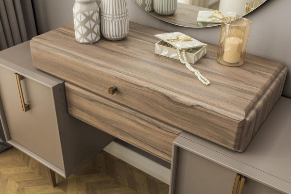 Schminktisch Konsolentisch Puff Frisiertisch Holz Grau Spiegel Set