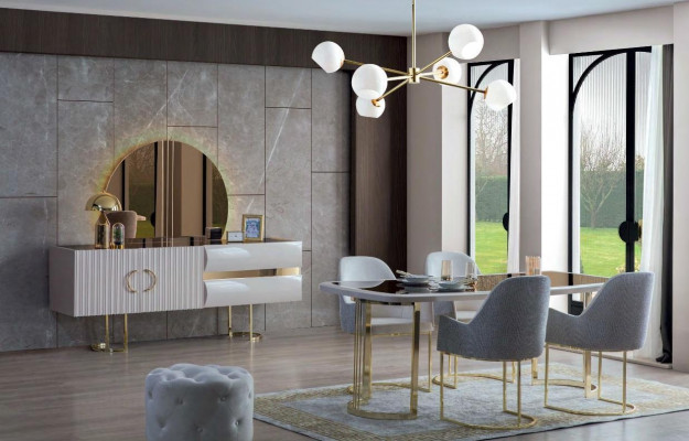 Stilvolle Grau-Weiße Esszimmer Möbel Luxus Esstisch 4x Textilstühle 6tlg