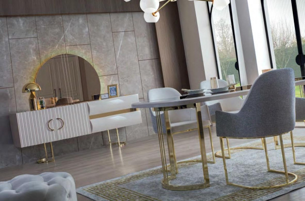 Stilvolle Grau-Weiße Esszimmer Möbel Luxus Esstisch 4x Textilstühle 6tlg